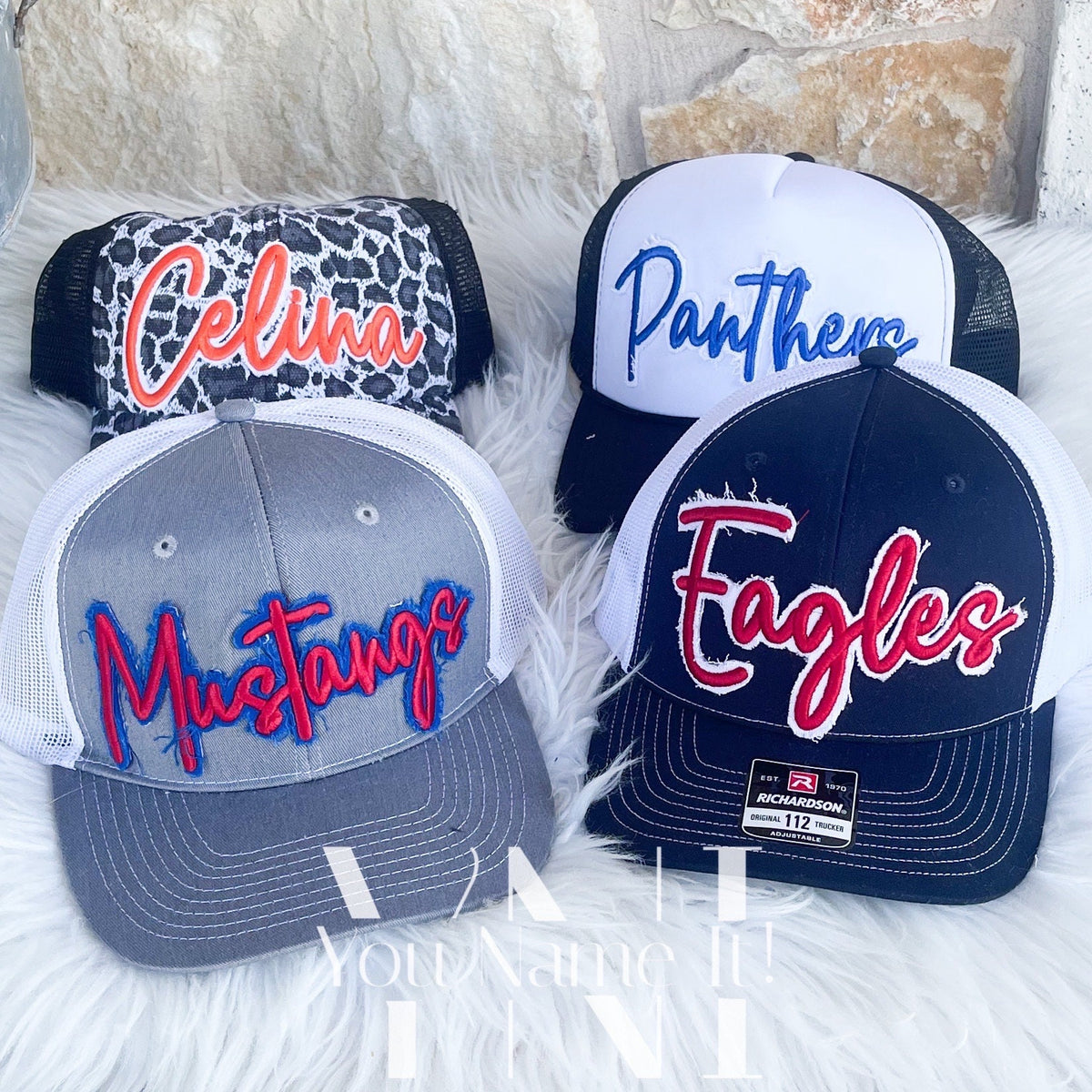 3D Puff Team or School Hat with frayed fabric (H002) *