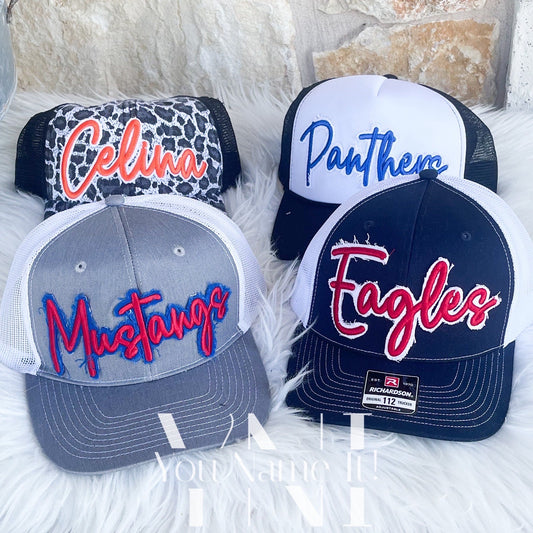 3D Puff Team or School Hat with frayed fabric (H002) *
