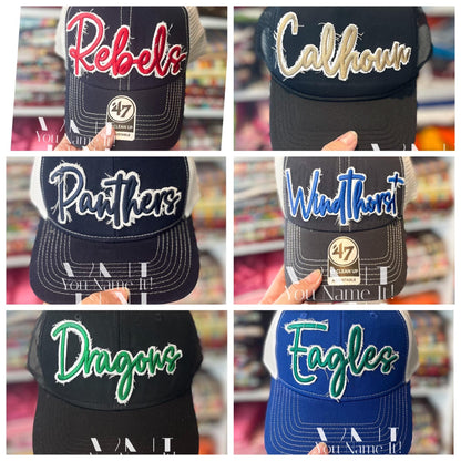 3D Puff Team or School Hat with frayed fabric (H002) *